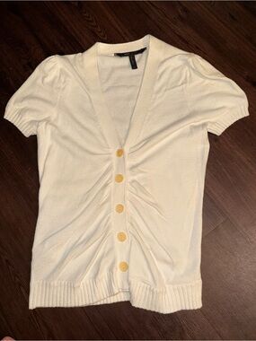 Y2K BCBG Max Azria White Ruched Button Front Puff Sleeve Knit Cardigan Top